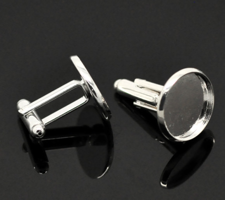Brass Cuff Links Round Silver Plated Cabochon Settings (Fits 16mm Dia) 26mm(1") x 18mm( 6/8"), 10 PCs