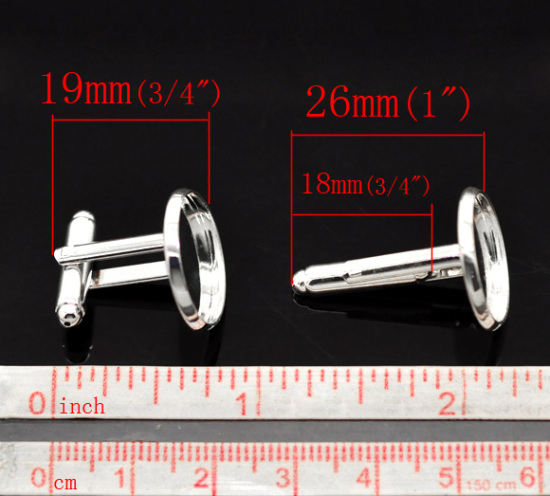 Изображение Запонки Круглые Посеребренный Основы для Кабошонов (для 16мм Кабошона), 26мм x 18мм,10 ШТ