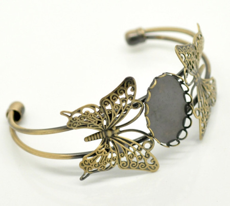 4 PCs Brass Cabochon Settings Open Cuff Bangles Bracelets Findings Butterfly Animal Antique Bronze 15cm(5 7/8") long