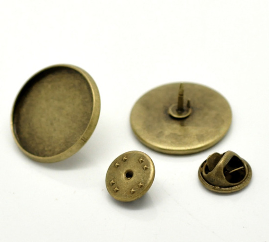 Picture of Zinc Based Alloy Tie Tac Lapel Pin Brooches Findings Round Antique Bronze Cabochon Settings (Fits 20mm Dia.) 22mm x10mm( 7/8" x 3/8") 11mm x6mm( 3/8" x 2/8"), 20 Sets