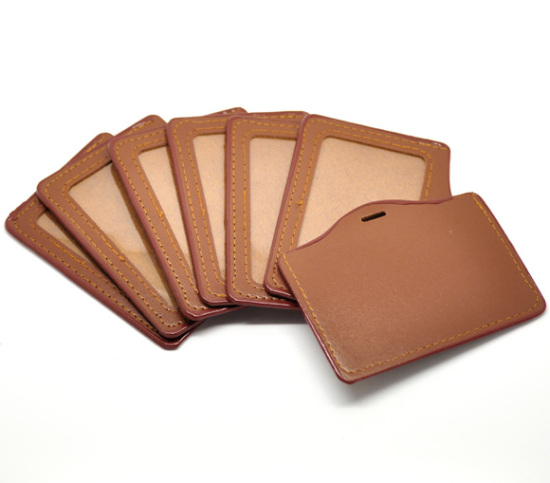 Picture of Faux Leather Horizontal ID Card Badge Holders Coffee 10.5cm x8cm(4 1/8" x3 1/8"), 10 PCs