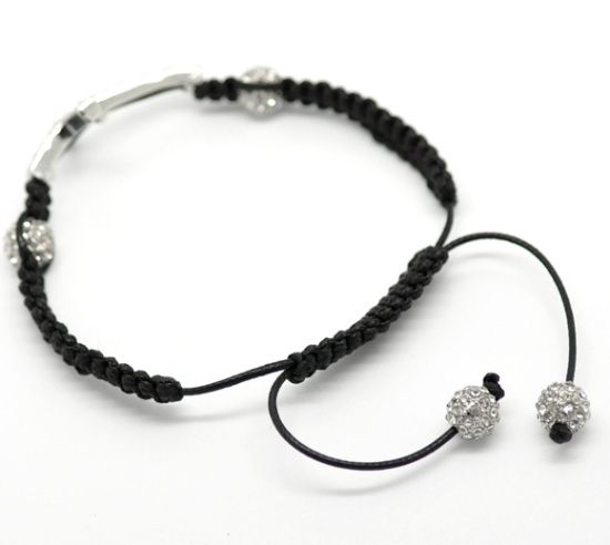 Bild von Verlegt Klar Strass Perlen & Kreuz Charm Schwarz Geflochten Einstellbar Armband 19cm. Verkauft eine Packung mit 1