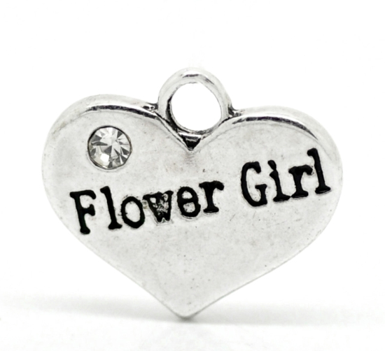 Picture of Zinc Based Alloy Charms Heart Antique Silver Color Message "Flower Girl" Clear Rhinestone 16mm( 5/8") x 14mm( 4/8"), 20 PCs