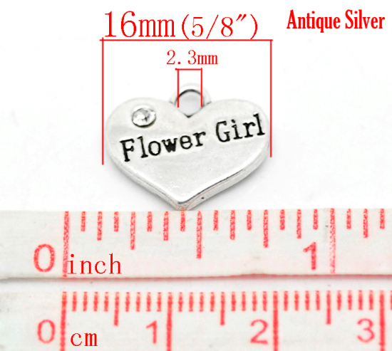 Picture of Zinc Based Alloy Charms Heart Antique Silver Color Message "Flower Girl" Clear Rhinestone 16mm( 5/8") x 14mm( 4/8"), 20 PCs