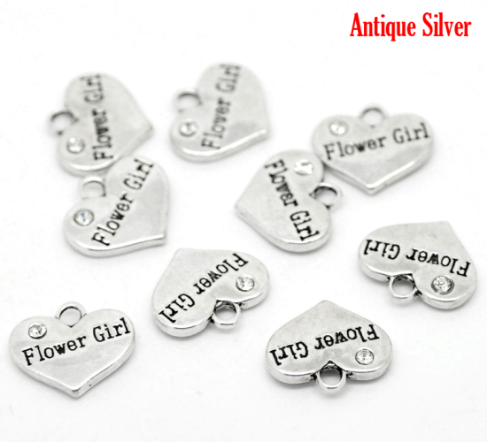 Picture of Zinc Based Alloy Charms Heart Antique Silver Color Message "Flower Girl" Clear Rhinestone 16mm( 5/8") x 14mm( 4/8"), 20 PCs