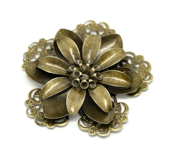 Picture of Antique Bronze Filigree Stamping Flower Embellishment Findings 5.3x5.1cm(2-1/8"x2"), sold per packet of 10