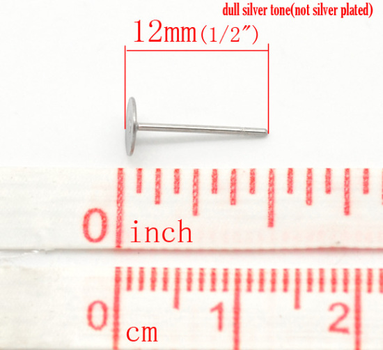 Picture of 304 Stainless Steel Ear Post Stud Earrings Findings Round Silver Tone 12mm( 4/8") x 5mm( 2/8"), Post/ Wire Size: (21 gauge), 200 PCs