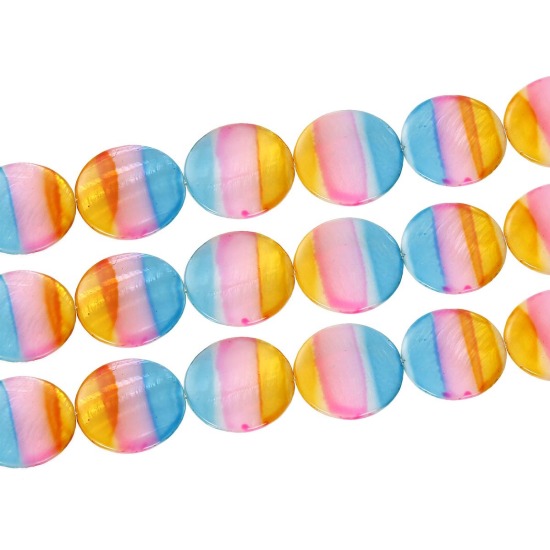 Picture of Natural Shell Loose Beads Flat Round Multicolor Stripe Pattern About 30mm Dia, Hole:Approx 1mm, 38cm long, 1 Strand (Approx 13 PCs/Strand)
