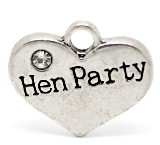 Picture of Zinc Based Alloy Charms Heart Antique Silver Color Message "Hen Party" Carved Clear Rhinestone 16mm( 5/8") x 14mm( 4/8"), 20 PCs