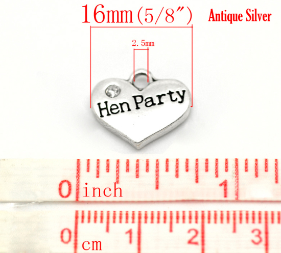 Picture of Zinc Based Alloy Charms Heart Antique Silver Color Message "Hen Party" Carved Clear Rhinestone 16mm( 5/8") x 14mm( 4/8"), 20 PCs