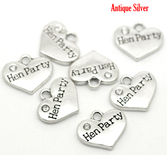 Picture of Zinc Based Alloy Charms Heart Antique Silver Color Message "Hen Party" Carved Clear Rhinestone 16mm( 5/8") x 14mm( 4/8"), 20 PCs