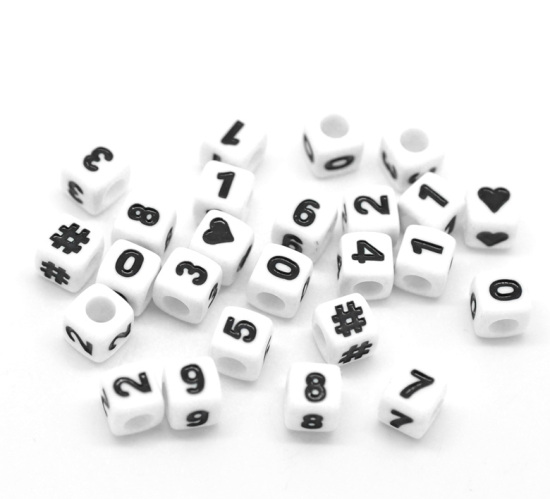 Picture of Acrylic Spacer Beads Cube White At Random Mixed Number & Symbol About 7mm x 7mm, Hole: Approx 3.8mm, 300 PCs