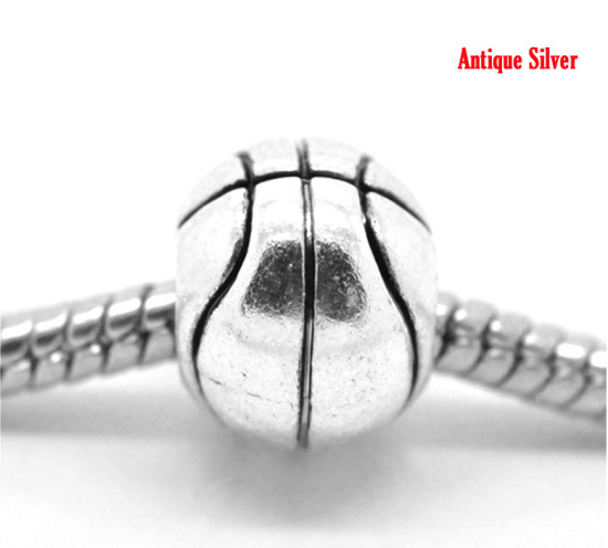 Picture of Zinc Metal Alloy European Style Large Hole Charm Beads Basketball Antique Silver About 11mm x 10mm, Hole: Approx 5.2mm, 20 PCs