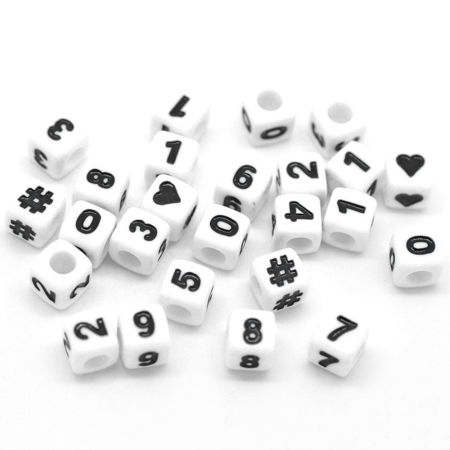 1500 PCs Acrylic Beads For DIY Jewelry Making At Random Mixed Color White Cube Number Message " 0-9 " About 7mm x 7mm, Hole: Approx 3.8mm