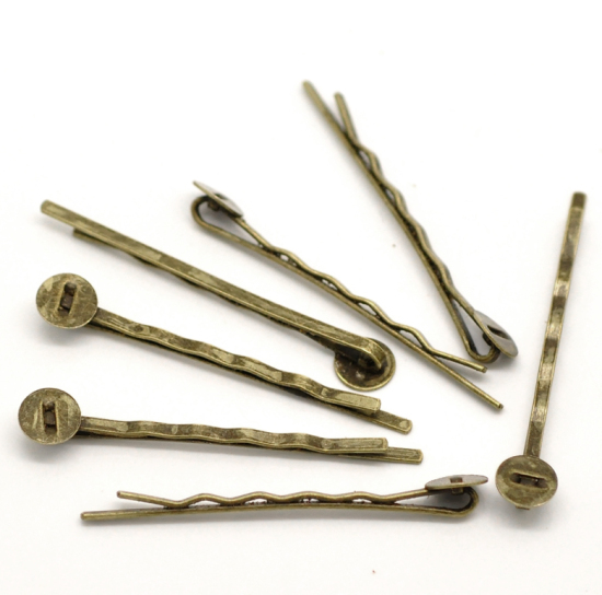 Picture of Iron Based Alloy Bobby Pins Hair Grips Clips Round Antique Bronze Ripple Pattern Cabochon Setting (Fits 8mm Dia.) 5cm x 0.8cm, 50 PCs