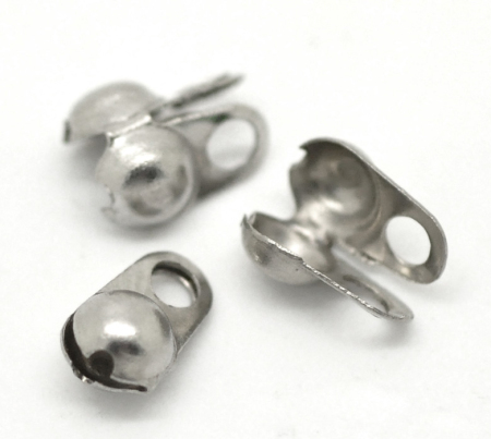Stainless Steel Beads Tips (Knot Cover) Clamshell With 2 Closed Loops Silver Tone (Fit 3mm Ball Chain) 8mm x 4mm, 100 PCs
