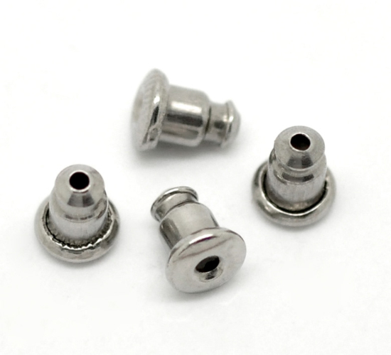 Picture of 304 Stainless Steel Ear Nuts Post Stopper Earring Findings Bullet Silver Tone 6mm( 2/8") x 5mm( 2/8"), 50 PCs