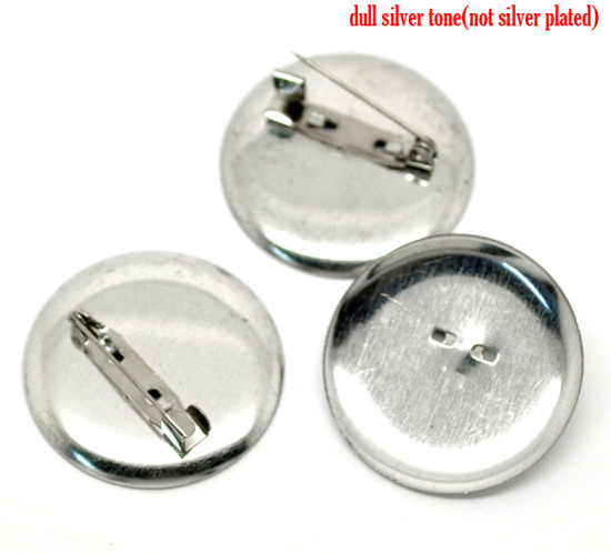 Picture of Iron Based Alloy Pin Brooches Findings Round Silver Tone Cabochon Settings (Fits 35mm Dia.) 3.6cm(1 3/8") Dia., 30 PCs