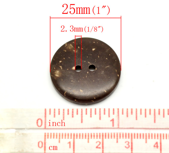 Изображение Кокосовая Койра Шитье Пуговицы  Круглые Коричневый С двумя отверстиями 25мм диаметр, 15 ШТ