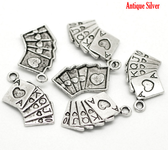 Picture of 50PCs Antique Silver Color Poker Cards Charm Pendants 25x13mm(1"x1/2")