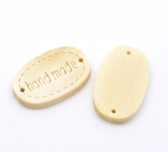 Imagen de Conectores Madera de Óvalo,Natural Mensaje Hecho a mano 19mm x 12mm, 100 Unidades