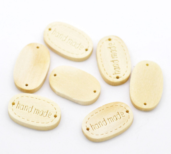 Imagen de Conectores Madera de Óvalo,Natural Mensaje Hecho a mano 19mm x 12mm, 100 Unidades