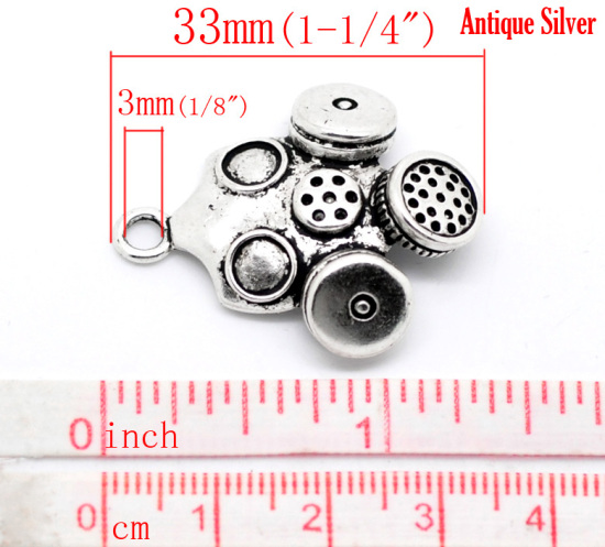 Picture of 10PCs Antique Silver Color Gas Mask Charm Pendants 33x28mm(1-1/4"x1-1/8")