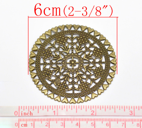 Picture of 20PCs Antique Bronze Filigree Stamping Round Wraps Connectors Embellishments Findings 6cm(2-3/8")
