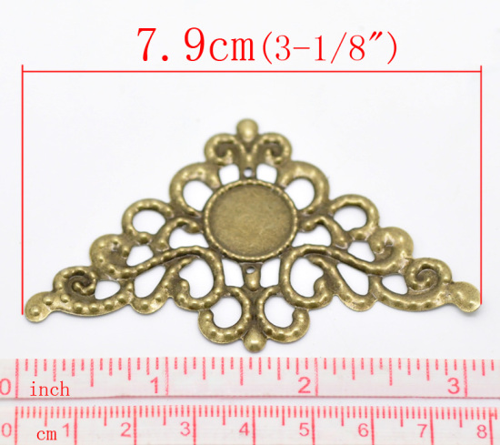 Picture of Iron Based Alloy Filigree Stamping Embellishments Findings Triangle Antique Bronze Cabochon Settings (Fit 14mm Dia.) Flower Hollow Carved 7.9cm(3 1/8") x 4.6cm(1 6/8"), 30 PCs