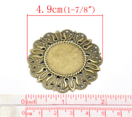 Picture of Iron Based Alloy Cabochon Settings Connectors Round Flower Antique Bronze (Fits 25mm Dia.) 49mm x 49mm(1 7/8"x1 7/8"), 30 PCs
