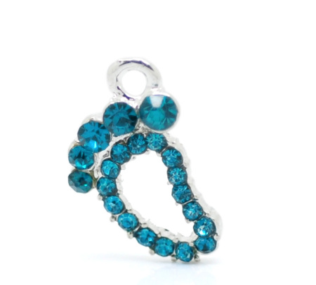Imagen de Colgantes Aleación + Brillantito de Pies Argentado Rhinestone Azul Pavo 17.0mm x 11.0mm, 10 Unidades 
