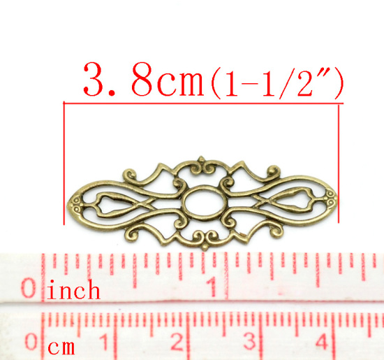 Image de Cabochons d'Embellissement Estampe en Filigrane Creux en Alliage de Fer Ovale Fleurs Bronze Antique 38mm x 15mm, 200 Pcs