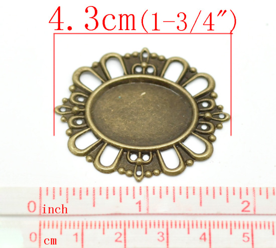 Picture of Iron Based Alloy Filigree Stamping Embellishments Findings Oval Antique Bronze Cabochon Settings (Fits 24x18mm) Flower Hollow Carved 4.3cm(1 6/8") x 3.8cm(1 4/8"), 50 PCs