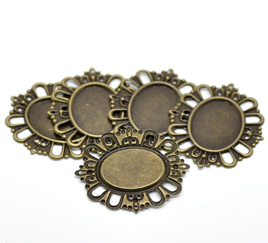 Picture of Iron Based Alloy Filigree Stamping Embellishments Findings Oval Antique Bronze Cabochon Settings (Fits 24x18mm) Flower Hollow Carved 4.3cm(1 6/8") x 3.8cm(1 4/8"), 50 PCs