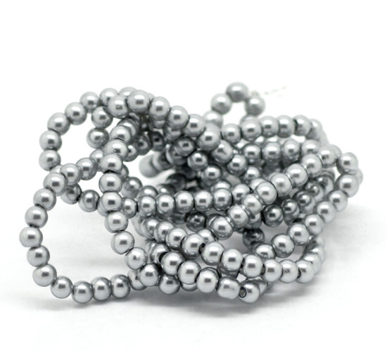 Picture of Glass Pearl Imitation Beads Round Gray About 4mm Dia, Hole: Approx 1mm, 82cm long, 5 Strands (Approx 210 PCs/Strand)