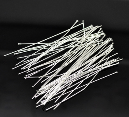 Picture of Iron Based Alloy Head Pins Silver Plated 8cm(3 1/8") long, 0.8mm (20 gauge), 300 PCs