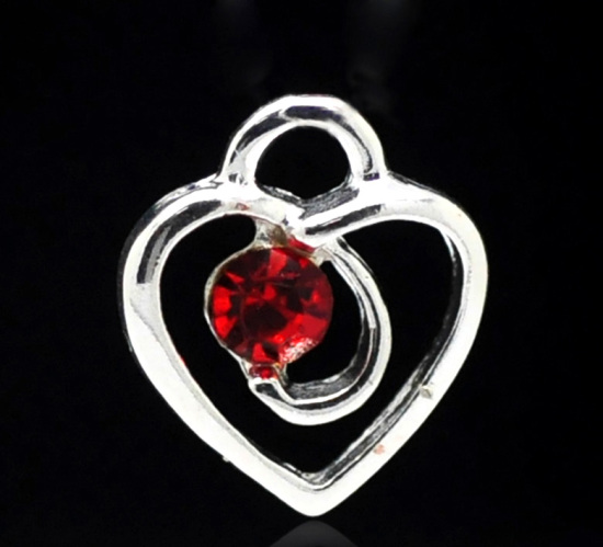 Picture of 20PCs Silver Plated Red Rhinestone Love Heart Charm Pendants 13x12mm(1/2"x1/2")