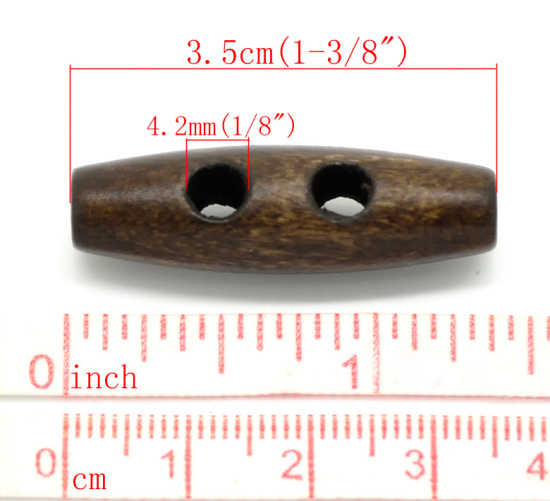 Picture of Natural Wood Sewing Toggle Buttons 2 Holes Oval Dark Coffee 35mm(1 3/8") x 11mm(3/8"), 50 PCs