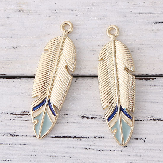 Picture of 5 PCs Zinc Based Alloy Pendants KC Gold Plated Green Feather Enamel 33mm x 10mm