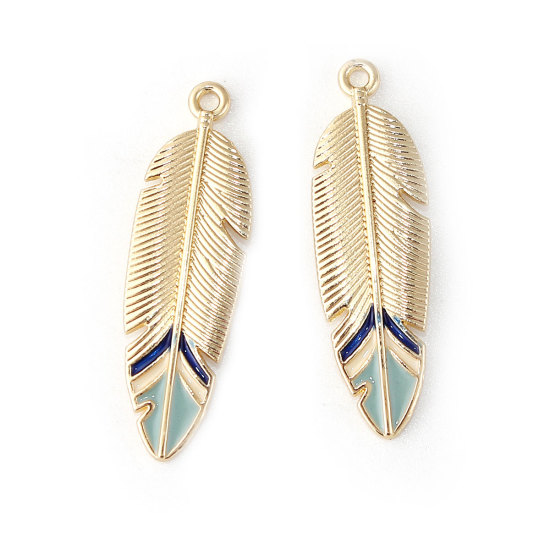 Picture of Zinc Based Alloy Pendants Feather Gold Plated Light Green Enamel 33mm(1 2/8") x 10mm( 3/8"), 5 PCs