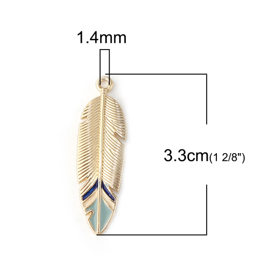 Picture of Zinc Based Alloy Pendants Feather Gold Plated Light Green Enamel 33mm(1 2/8") x 10mm( 3/8"), 5 PCs