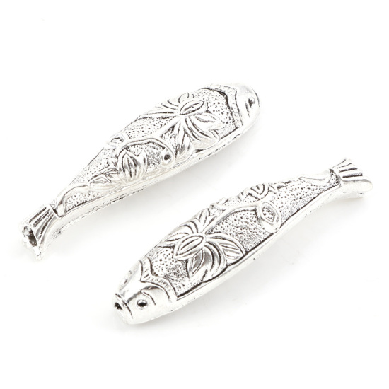 Picture of Zinc Based Alloy Spacer Beads Fish Animal Antique Silver Color Flower 43mm x 9mm, Hole: Approx 1mm, 10 PCs
