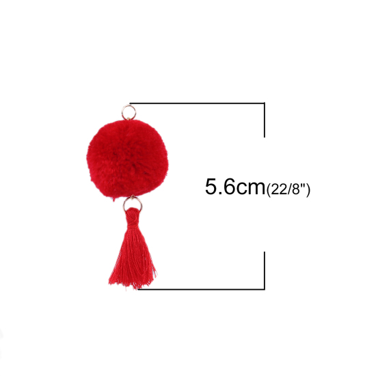 Изображение Плюш Подвески Кисточка Помпон Позолоченный Красный 60мм x 22мм, 10 ШТ