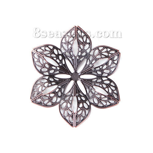 Bild von Eisenlegierung Embellishments Cabochons Blumen Rotkupferfarbe Filigran 60mm x 53mm, 30 Stück