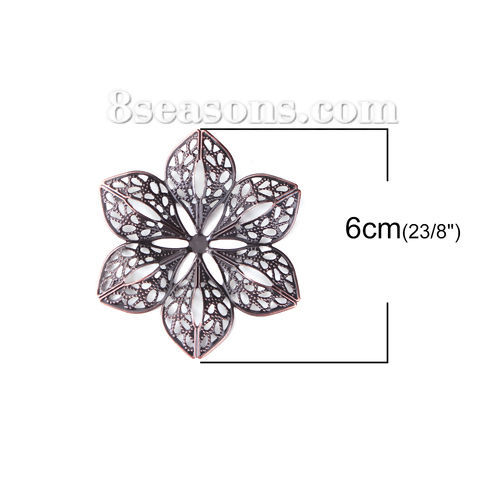 Bild von Eisenlegierung Embellishments Cabochons Blumen Rotkupferfarbe Filigran 60mm x 53mm, 30 Stück