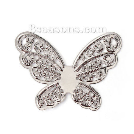 Imagen de Hierro Adornos Mariposa Tono de Plata Filigrana Tallado 43mm x 32mm, 50 Unidades