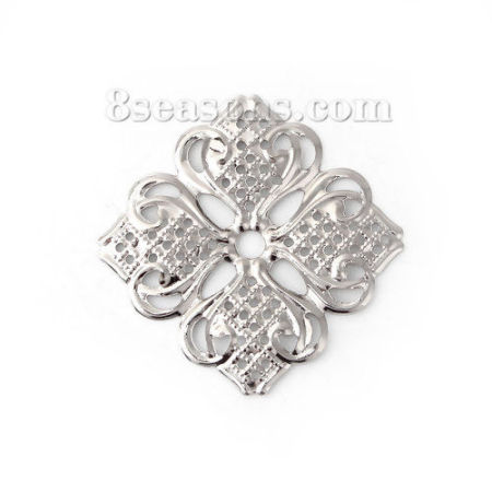 Iron Based Alloy Embellishments Flower Silver Tone Filigree 35mm(1 3/8") x 35mm(1 3/8"), 50 PCs