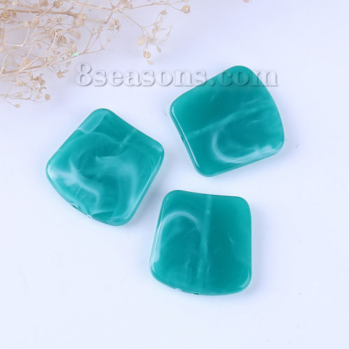 Picture of Resin Spacer Beads Irregular Peacock Green Square Marble Effect About 28mm x 27mm, Hole: Approx 1.6mm, 10 PCs