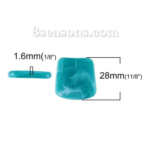 Picture of Resin Spacer Beads Irregular Peacock Green Square Marble Effect About 28mm x 27mm, Hole: Approx 1.6mm, 10 PCs