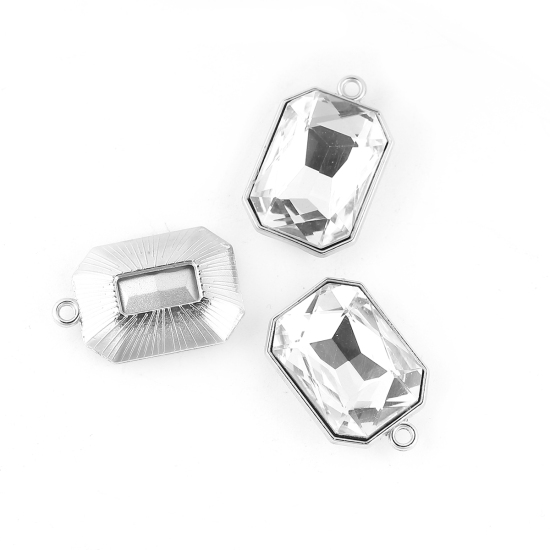 Immagine di Lega di Zinco + Vetro Charms Ottagono Tono Argento Trasparente Strass Sfaccettato 23mm x 15mm , 10 Pz